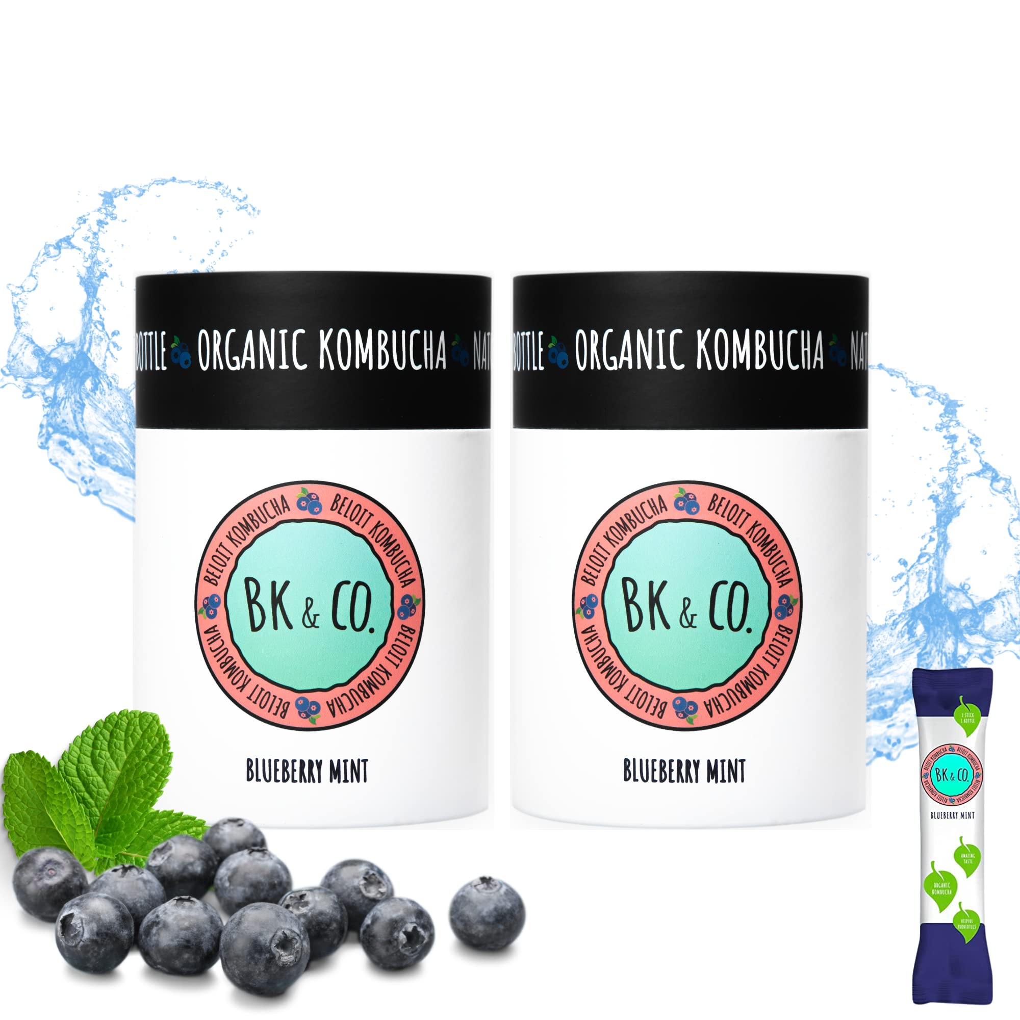 Beloit Kombucha Tea Powder, Water Flavor Packets, Organic Probiotic Drink for Gut Health, Healthy Drinks, Low Sugar and Calorie Mix, No Apple Cider Vinegar Taste, 30 Pack (Blueberry Mint Flavor)