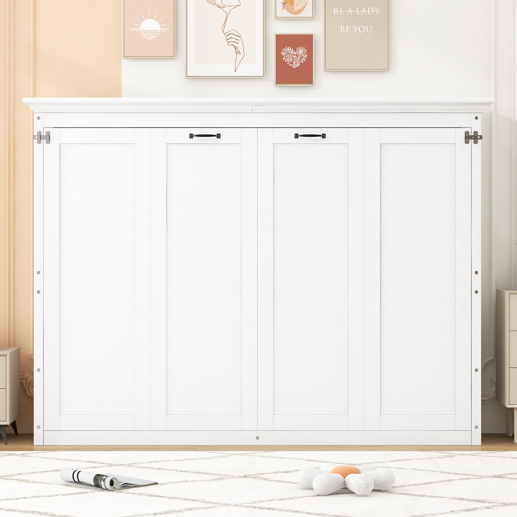 MERITLINE Full Horizontal Murphy Bed Cabinet with Desk, Solid Wood Farmhouse Murphy Bed Frame for Small Room, Office, Apartment, Space Saving, (Full,