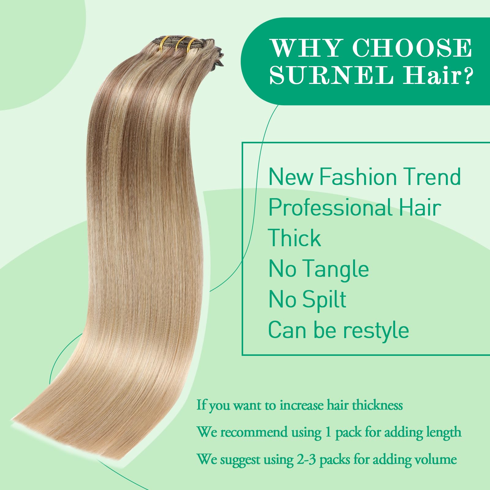 SURNEL Clip-in-Extensions aus Echthaar, 140 g, 40 cm, 7 Stück, hellbraun bis karamellblond, Echthaar-Extensions, Clip in Extensions (7C #10/27/27-40 cm)