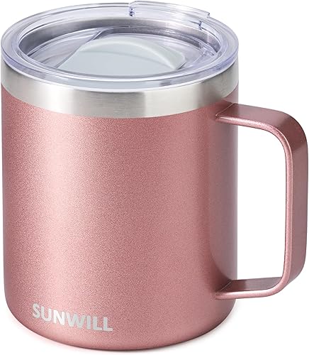SUNWILL - Taza de café con asa de 14 onzas, de acero inoxidable, reutilizable, con aislamiento al vacío de doble pared, tapa y recubrimiento en