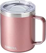 SUNWILL Travel Coffee Mug with Lid, Insulated Tumbler with Handle, 14 oz Stainless Steel Cup for Ice, Water, Tea, Rose Gold