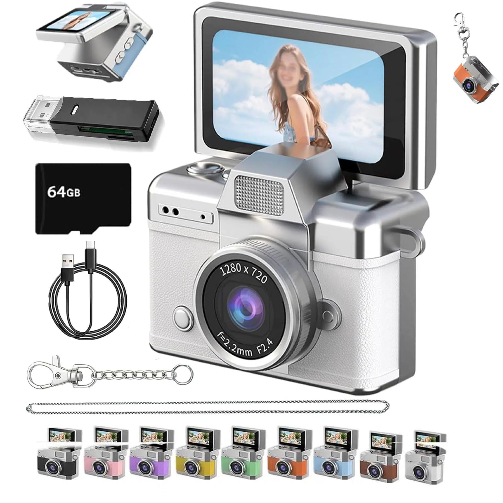 Thumb-Sized Flip Screen Mini Camera, Mini Keychain Digital Camera, Flip Screen Mini Camera with Built-in Flash &amp; Flip Display, 64GB Memory, Portable Keychain Camera for Travel &amp; Daily Use (1, White)