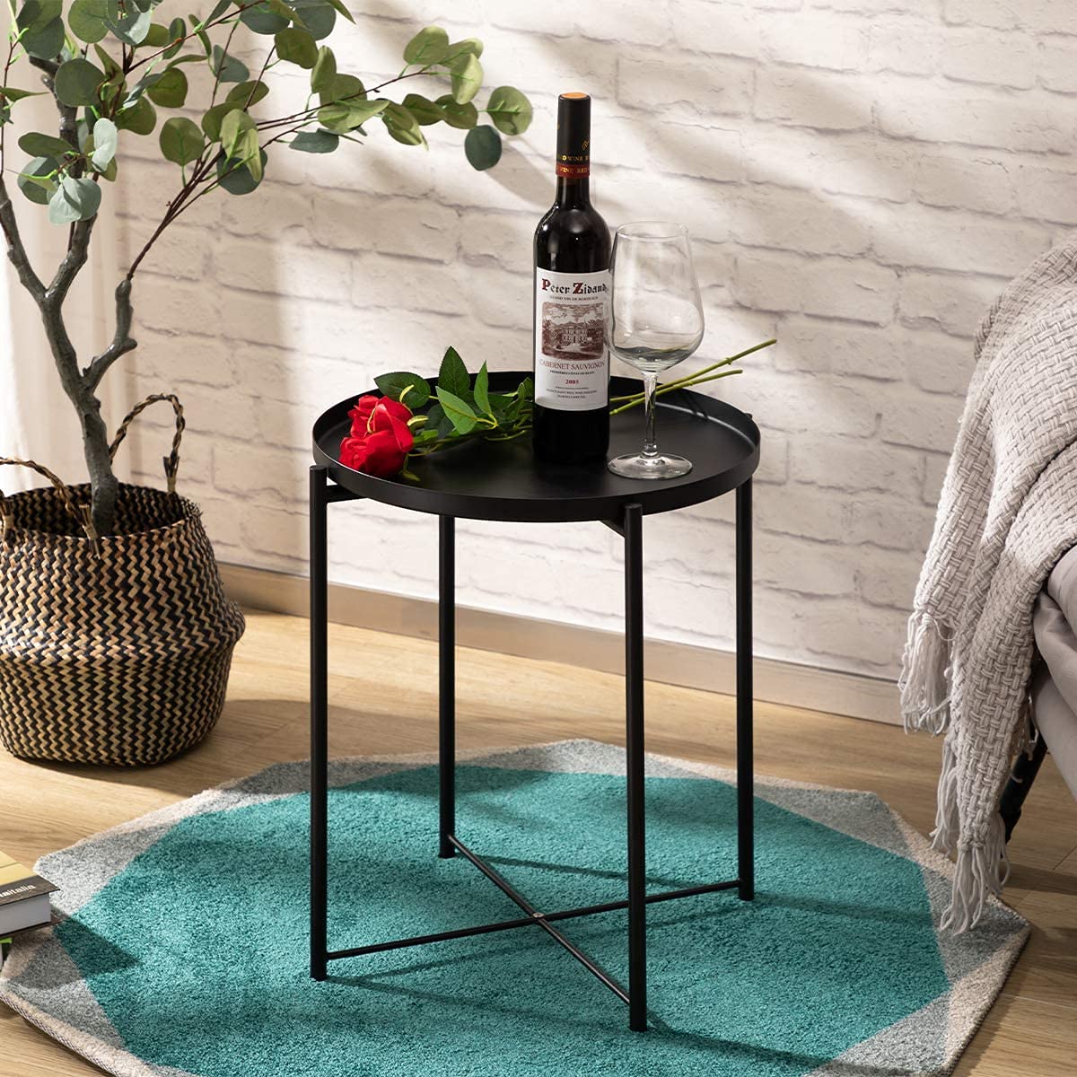 INDIAN DECOR 44118 Tray Metal End Table, Sofa Table Small Round Side Tables, Anti-Rust and Waterproof Outdoor & Indoor Snack Table, Accent Coffee Table,(H) 20.28" x(D) 16.38", Black 2