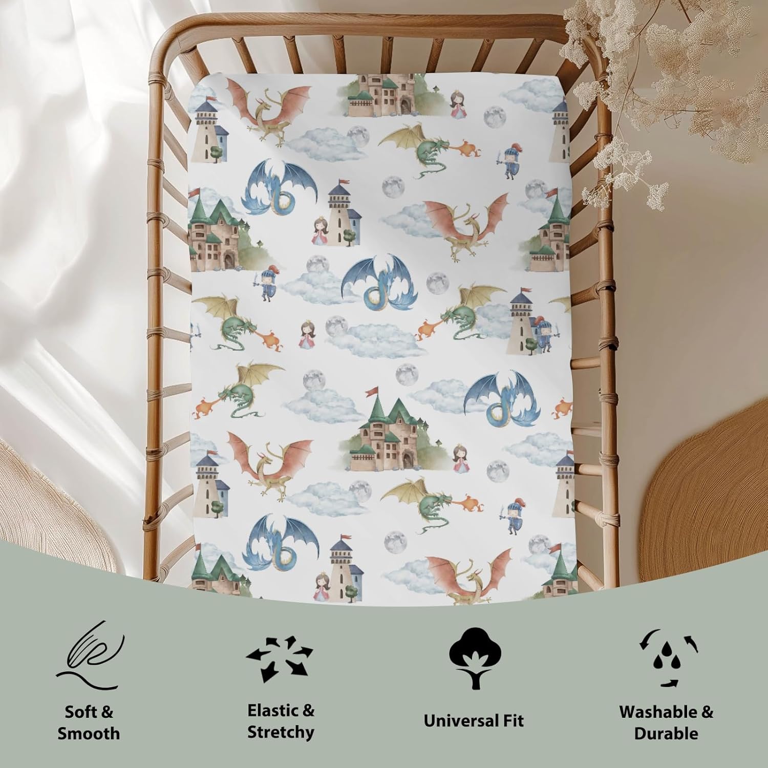 Fairytale Dragon and Knights Baby Crib Sheets for Boy Girl 52"x28" Fantasy Dragons Princess Castle Soft Snug Fitted Crib Mattress Cover Moon Clouds Baby Sheet for Standard Crib & Toddler Bed Mattress
