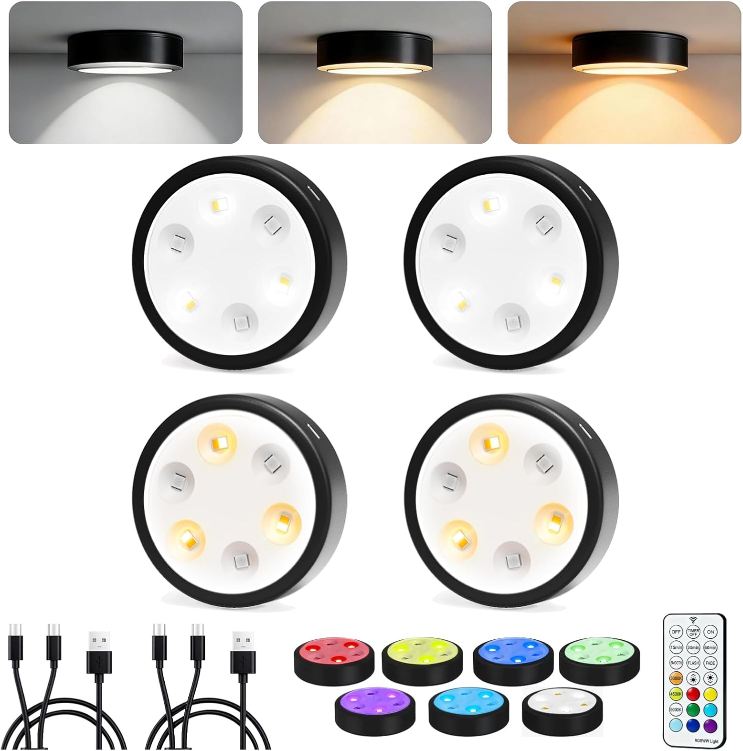 4-Pack Puck Lights with Remote, 1800mAh Rechargeable Under Cabinet Lighting, 3 Color Temps & 7 RGB Colors, Long-Lasting Dimmable Stick-On Lights for Cabinet, Kitchen, Shelf, Party