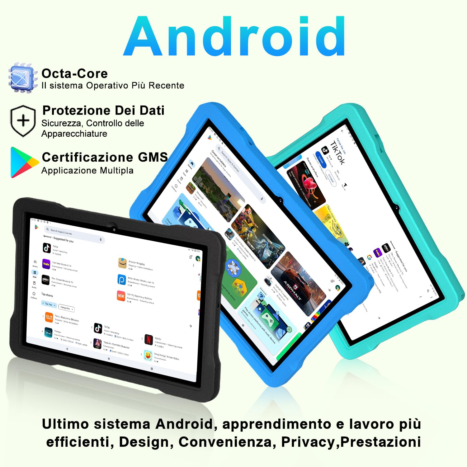 Tablet 10 Pollici Android con 5G + 2.4G WiFi 6, 20GB RAM + 128GB ROM(TF/2TB), Giochi Educativi Software (iWAWA), Octa-Core, 1080 * 800 FHD IPS, 5MP + 5MP, Bluetooth 5, 2025 Newest Tablet con EVA, Blue