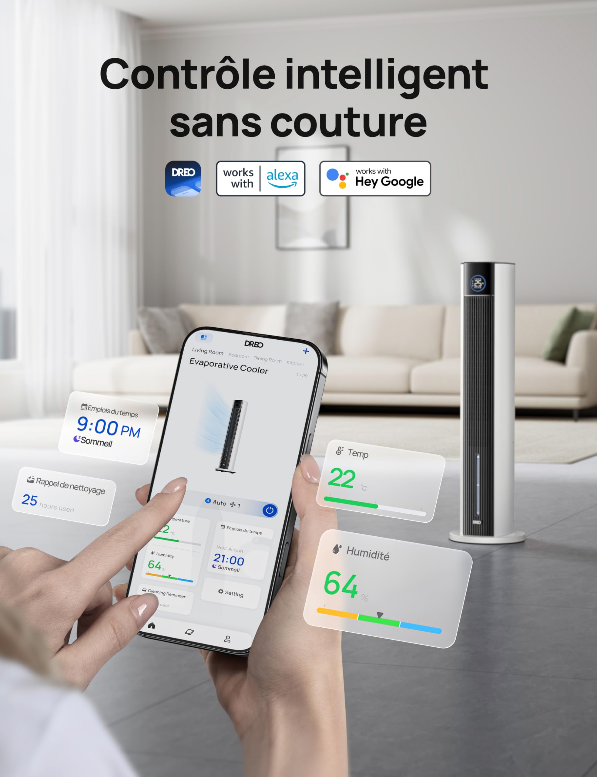 DREO Ventilateur Tour avec refroidissement par eau, rafraîchisseur 110 cm, silencieux, 4 vitesses, 4 modes, évaporatif, contrôle app, bloc de glace, oscillation 80°, minuterie 12 h, blanc