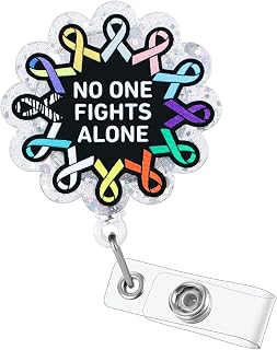 No One Fights Alone Cancer Ribbon Nurse Badge Reel, Cancer Awareness Retractable ID Card Medical Work Badge Holder, Name Tag Badge Buddy for RN CNA Oncology Nurse Nursing Student Oncologist Doctor