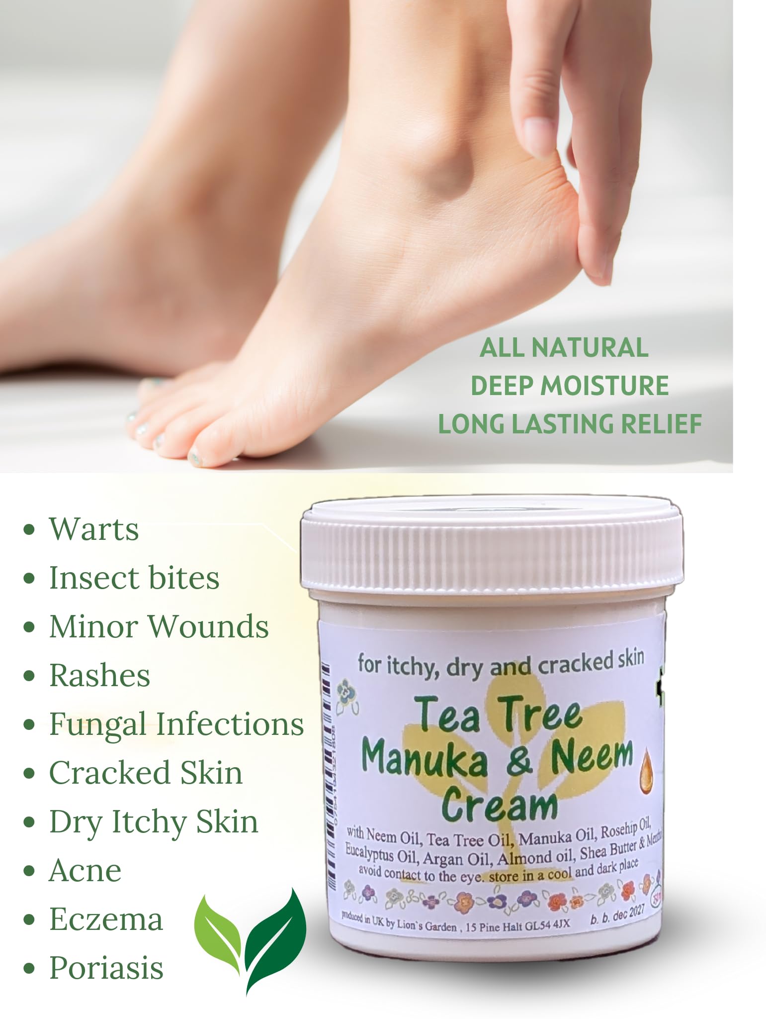 Tea Tree Manuka and Neem Cream 250ml IMPROVED FORMULA- Antibacterial, Anti-fungal, Antiseptic with Lavender Oil, Rosehip Oil - Image 2