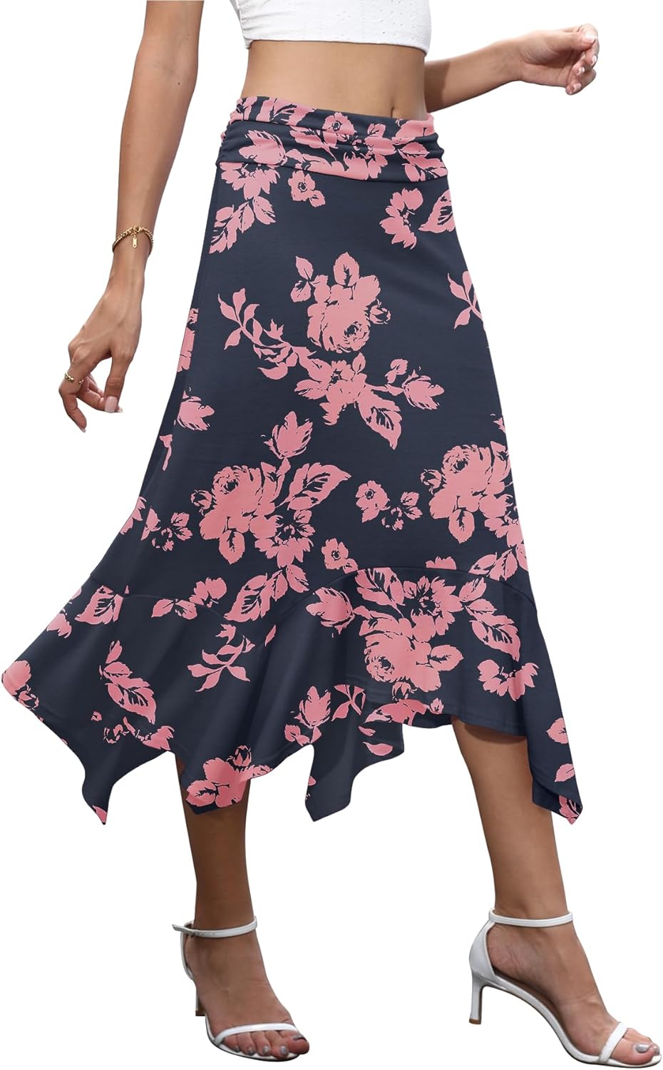 NILOUFO Women's Handkerchief Hemline Midi Skirt Summer Casual Flowy High Waisted Stretchy Skirts (Rose Silhouette, Medium) - Image 3