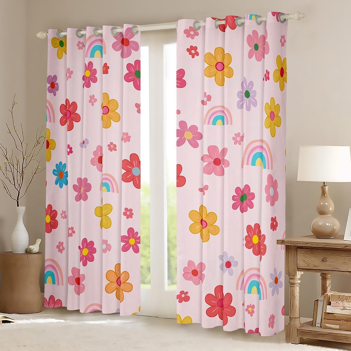 Pink Floral Window Curtain,Cartoon Daisy Theme Curtains Kids Boys Girls Teen Adult Room,Colorful Rainbow Red Yellow Flower Window Treatment Curtain Boho Style Window Drapes,Top 2 Panels,52"Wx63"L