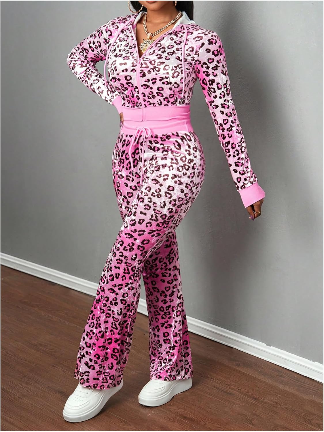 SHENHE Women's 2 Piece Velour Tracksuits Leopard Print Hoodie and Flare Sweatpants