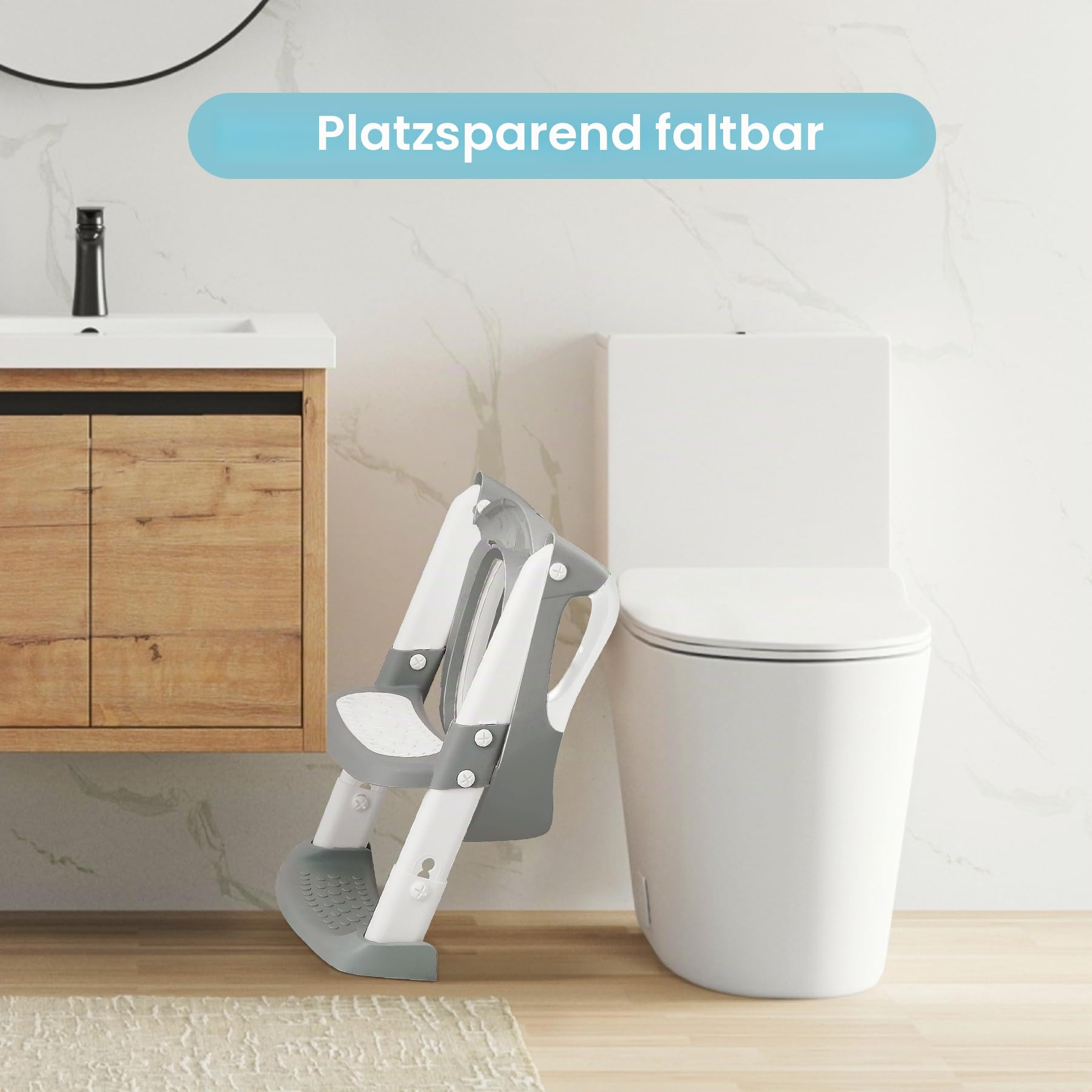 COOSEYA Toilettensitz Kinder, Toilettensitze für Jungen Mädchen, Kinder Toilettensitz mit Treppe,WC Sitz Kind Zusammenklappbar Rutschfest Spritzschutz Weiche Polsterung Sicherheitsgriffe (Grau)
