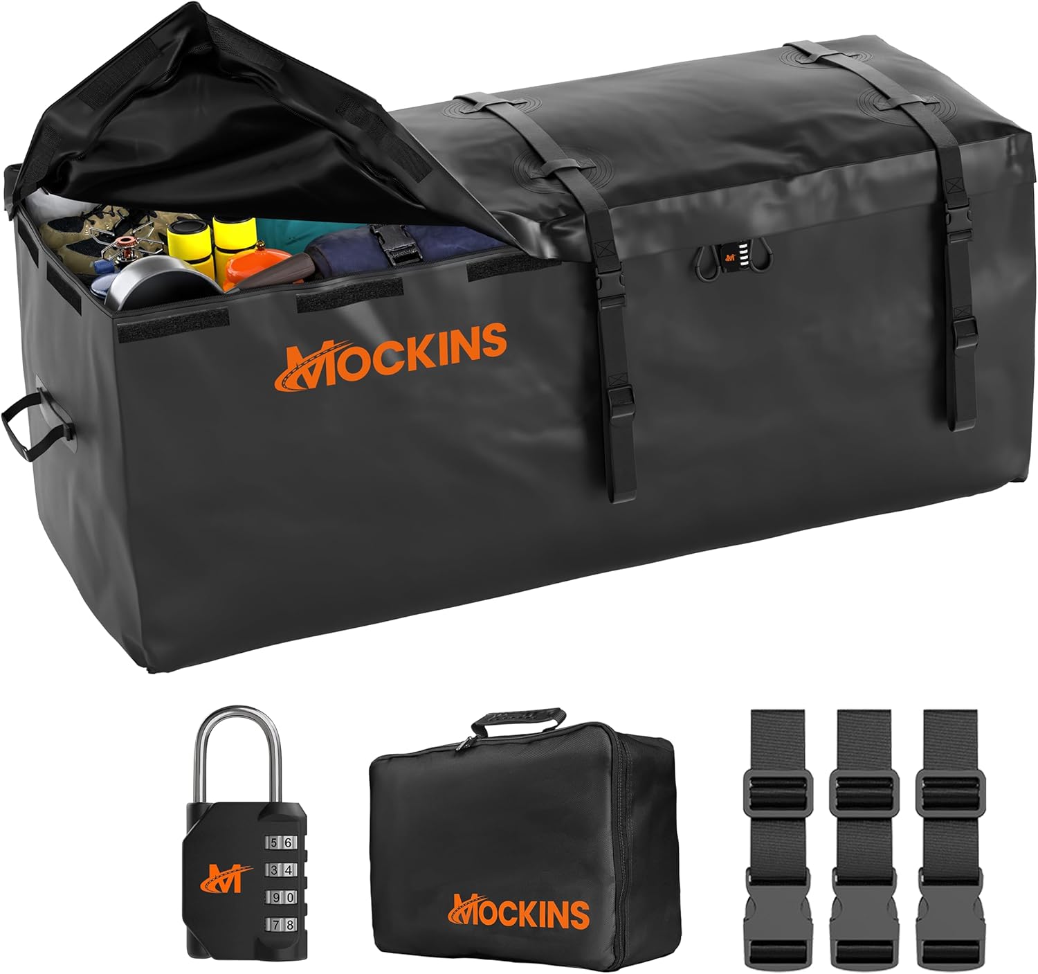 Mockins 16 CuFt Heavy Duty Trailer Hitch Cargo Carrier Bag | 58"x20"x24" Cargo Bag for Hitch Carrier | Waterproof Truck Bed Storage w/Straps & Lock | Weatherproof Vinyl Vehicle Soft-Shell Carriers