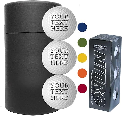 Spotted Dog Company Paquete de 3 pelotas de golf Nitro personalizadas, imprime tu texto aquí, regalos de golf para hombres, accesorios fotográficos