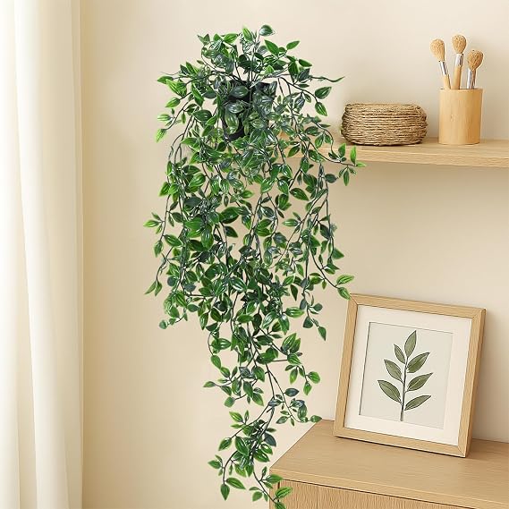 Artificial Hanging Plants, 2 Pack fake hanging plants with Pots, Fake Ivy Greenery Faux Trailing Plants Artificial Ivy Garland for Indoor Outdoor Home Room Decor, Wall Decor Balcony Patio Office Shelf