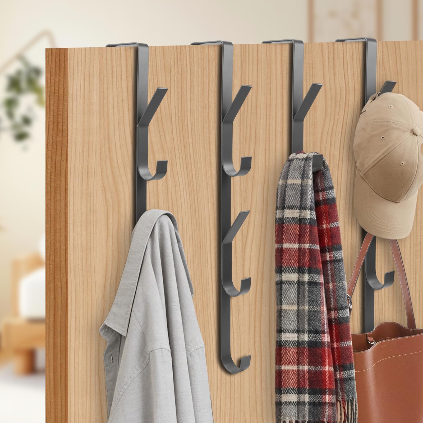XIXUANAI Over Door Hooks, 4 PCS 5Hooks Over Door Hanger, Vertical Overdoor Hook Hanger, No Punching, Heavy Duty Metal Door Hangers for Clothes, Coats, Towel, Hats, Bags, Space Saving (Grey)