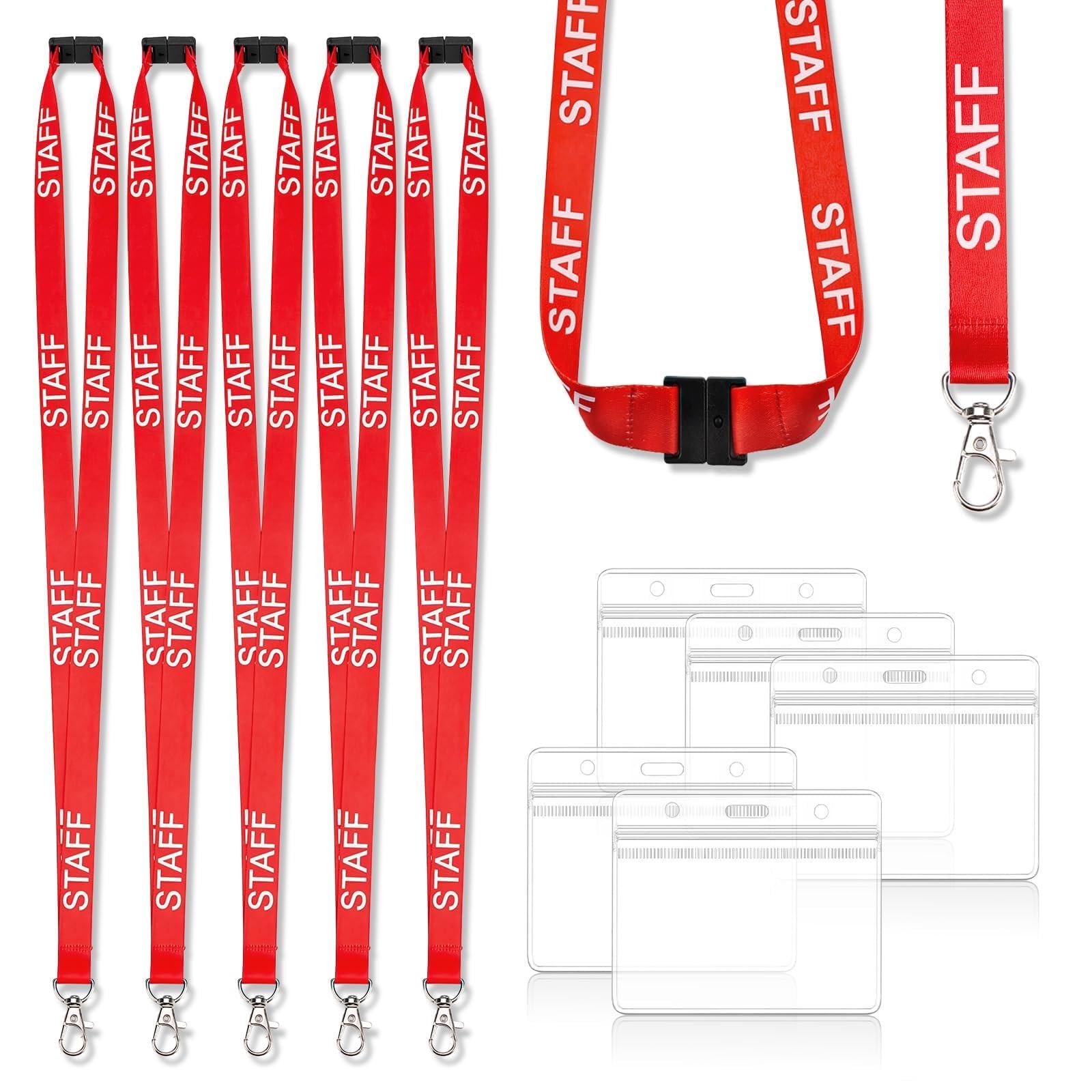 5 Pcs Red Staff LANYARDS with Card Holder Transparent Breakaway Safety Lanyard Badge Holder Pre-Printed Text Neck Strap Swivel Clip for Id Cards Holder