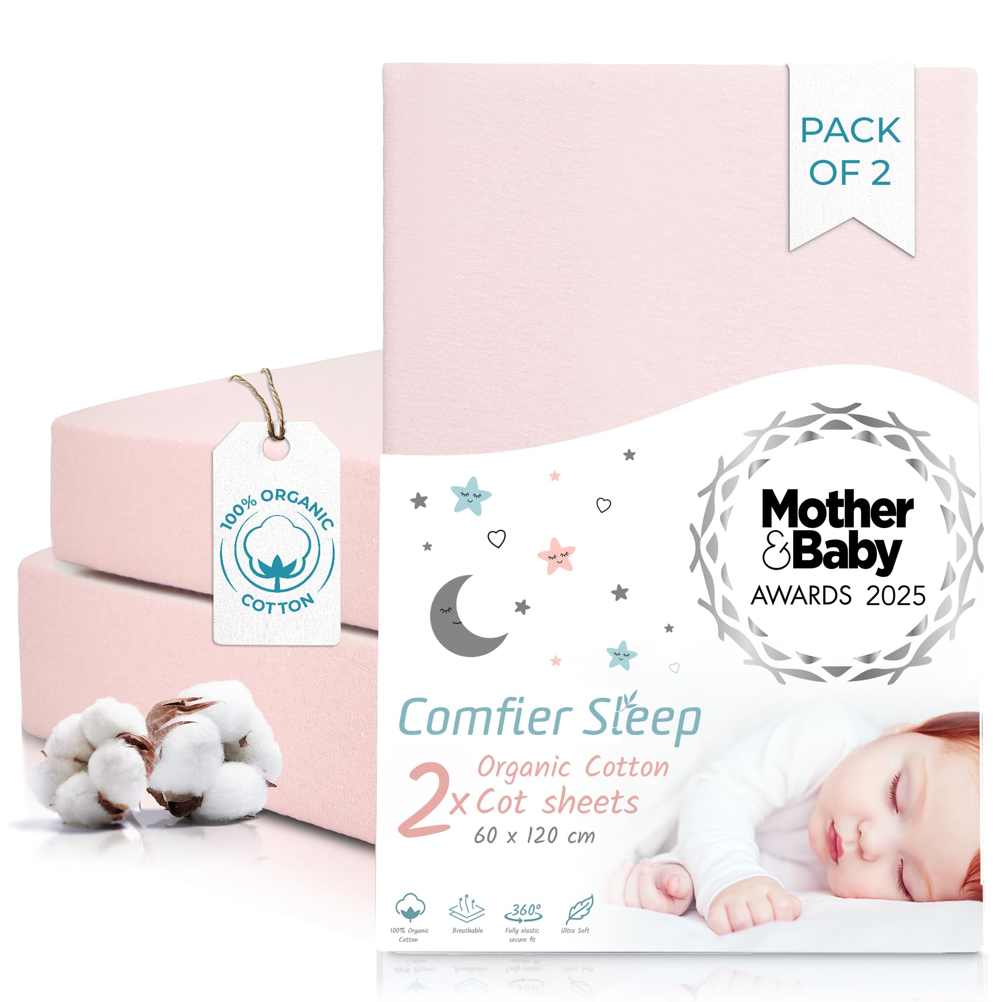 Cot Sheets 120x60cm - 2 pcs Pink 100% Organic Cotton Fitted Cot Sheets