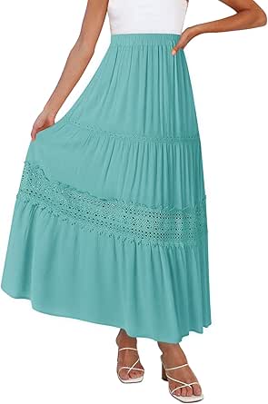 ZESICA Women's 2023 Summer Bohemian Solid Color Lace Trim Flowy A Line Beach Long Maxi Skirt with Pockets