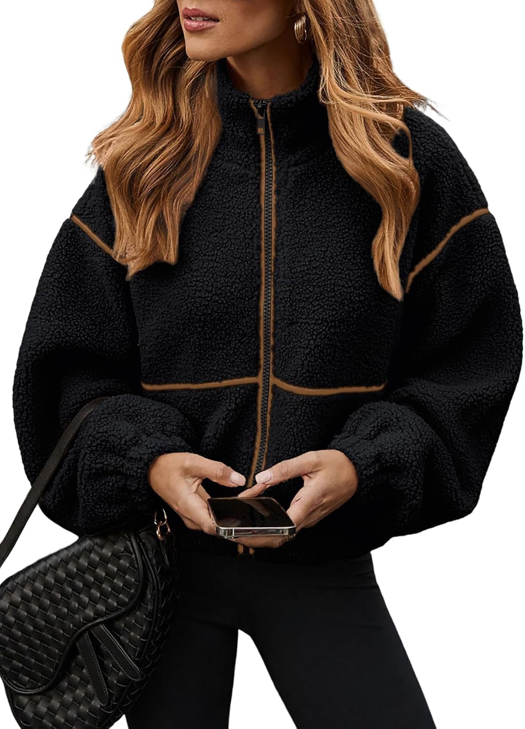 utcoco Women's Casual Cropped Sherpa Fleece Jacket Zip Up Chunky Fuzzy Teddy Coats Outerwear