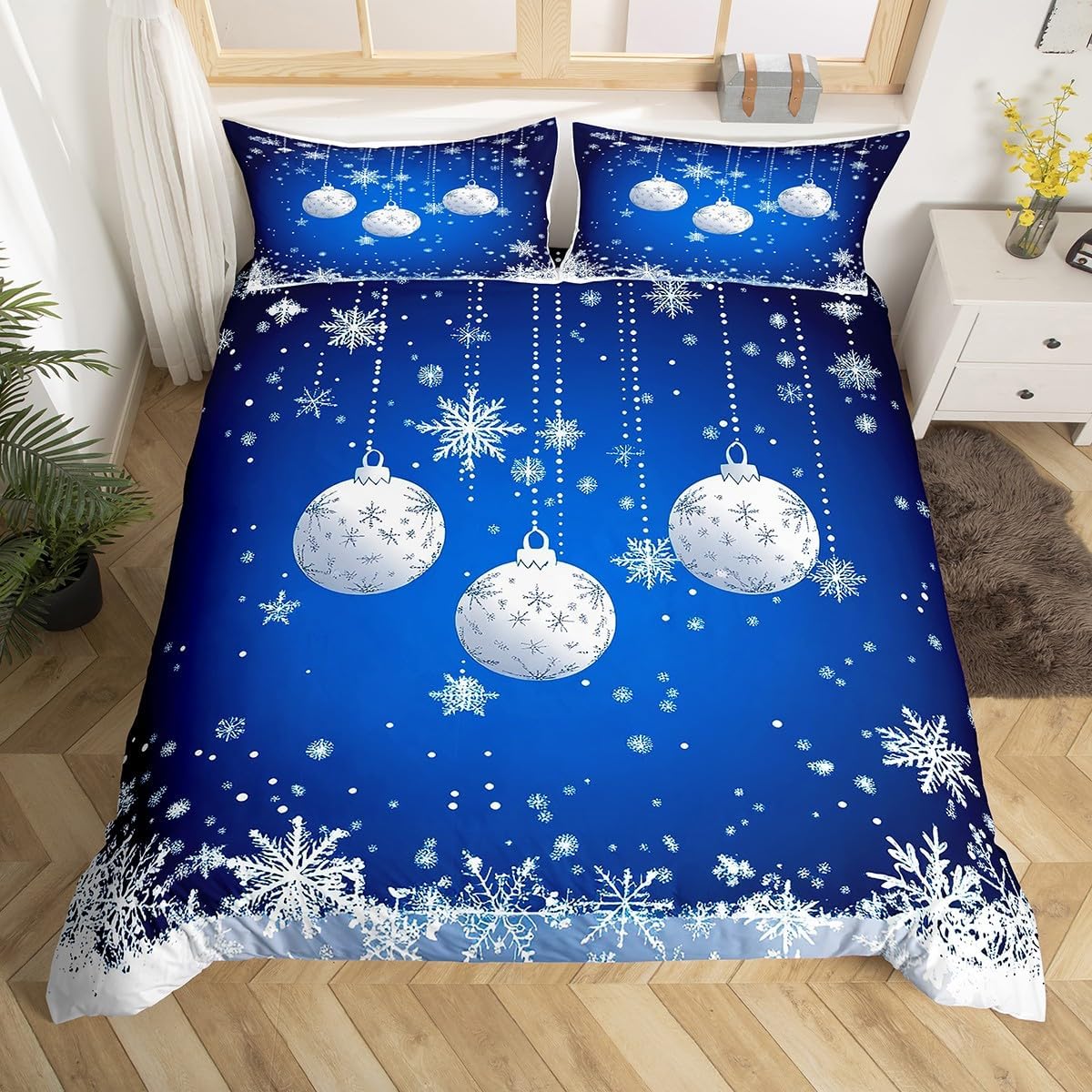 Erosebridal Twin Size Merry Christmas Duvet Cover Set, Blue Christmas Ornaments Bedding, Snowflake Comforter Cover, 2 Piece Set, Includes 1 Duvet Cover 68"x90" and 1 Pillow Sham 20"x30"