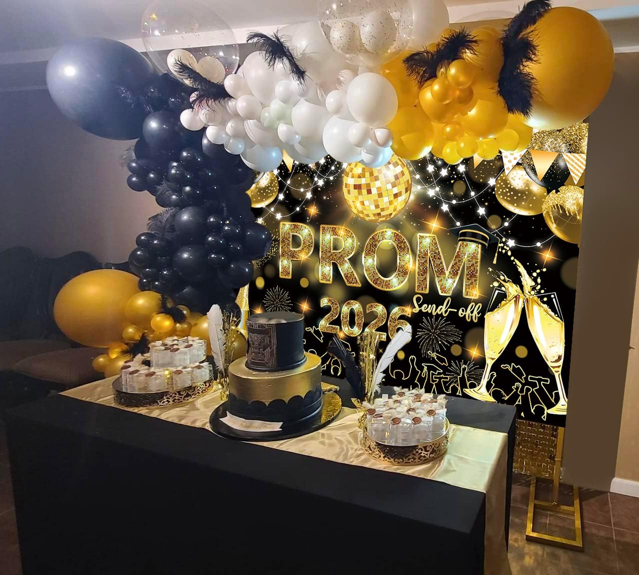 2026 Graduation Prom Backdrop Celebration Graduation Black Gold Glitter Disco Ball Prom Send Off Photography Background School Class of 2026 Prom Night Party Decorations Banner (Black Gold, 10x8F)