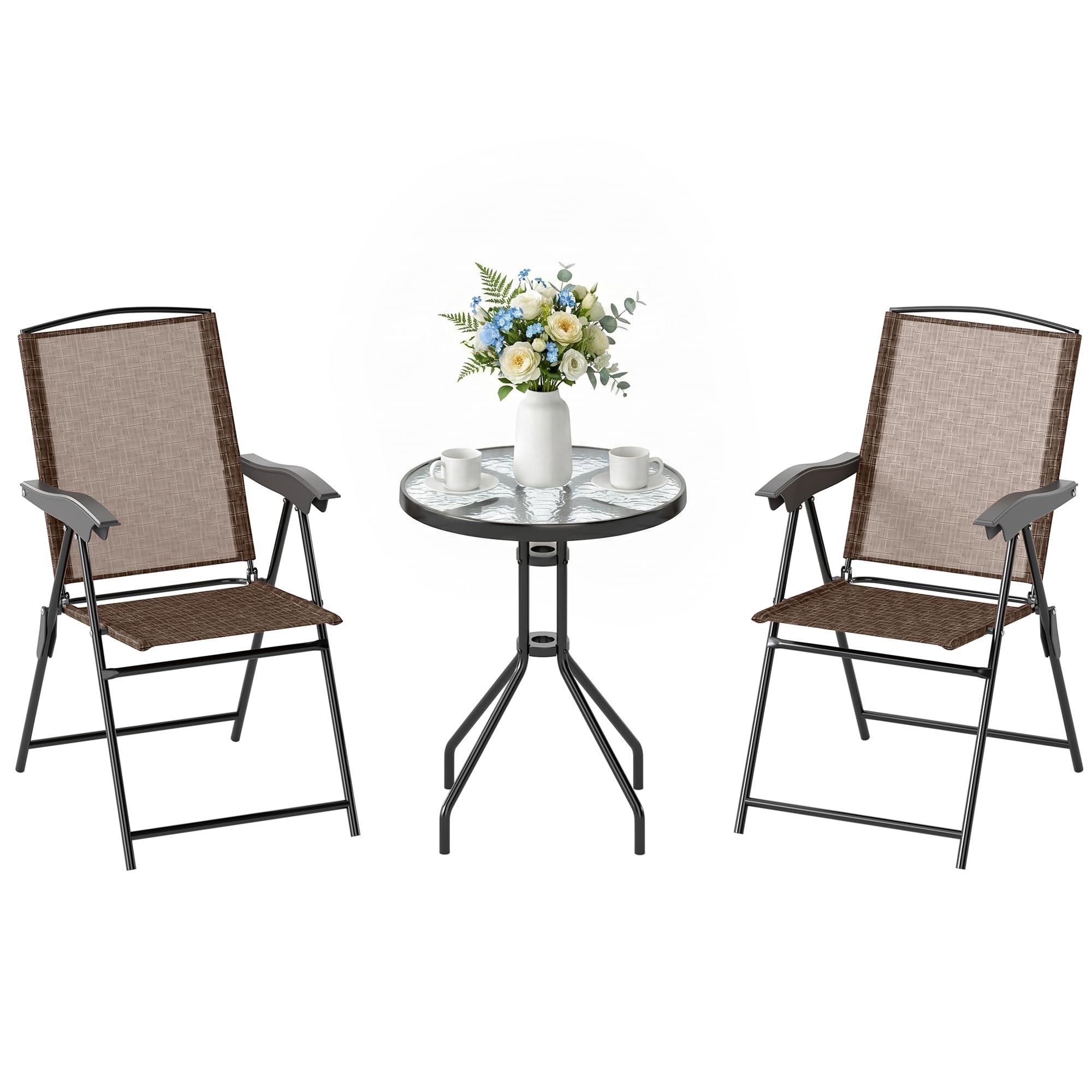 Outsunny Tavolino con 2 Sedie Set Mobili 3pz Pieghevole Regolabile Esterno Textilene Marrone