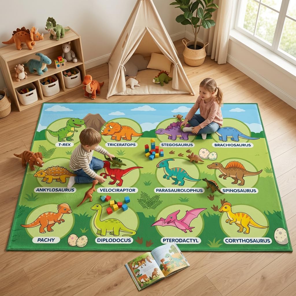 ALALAL Dinosaur Rug for Boys Room, 12 Seats Dinosaurs Play Mat for Classroom - Soft & Non-Slip 5x7 Feet Dinosaur Play Rugs for Kids Bedroom Playroom Preschool