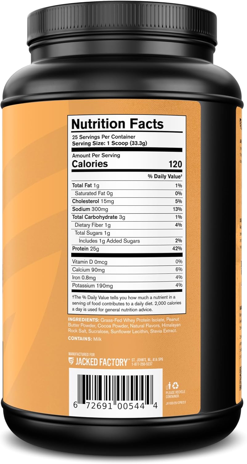 Jacked Factory Authentic ISO Grass Fed Whey Protein Isolate Powder - Low Carb, Non-GMO Muscle Building Protein w/No Fillers, Post Workout Recovery, Chocolate Peanut Butter - 25 Servings