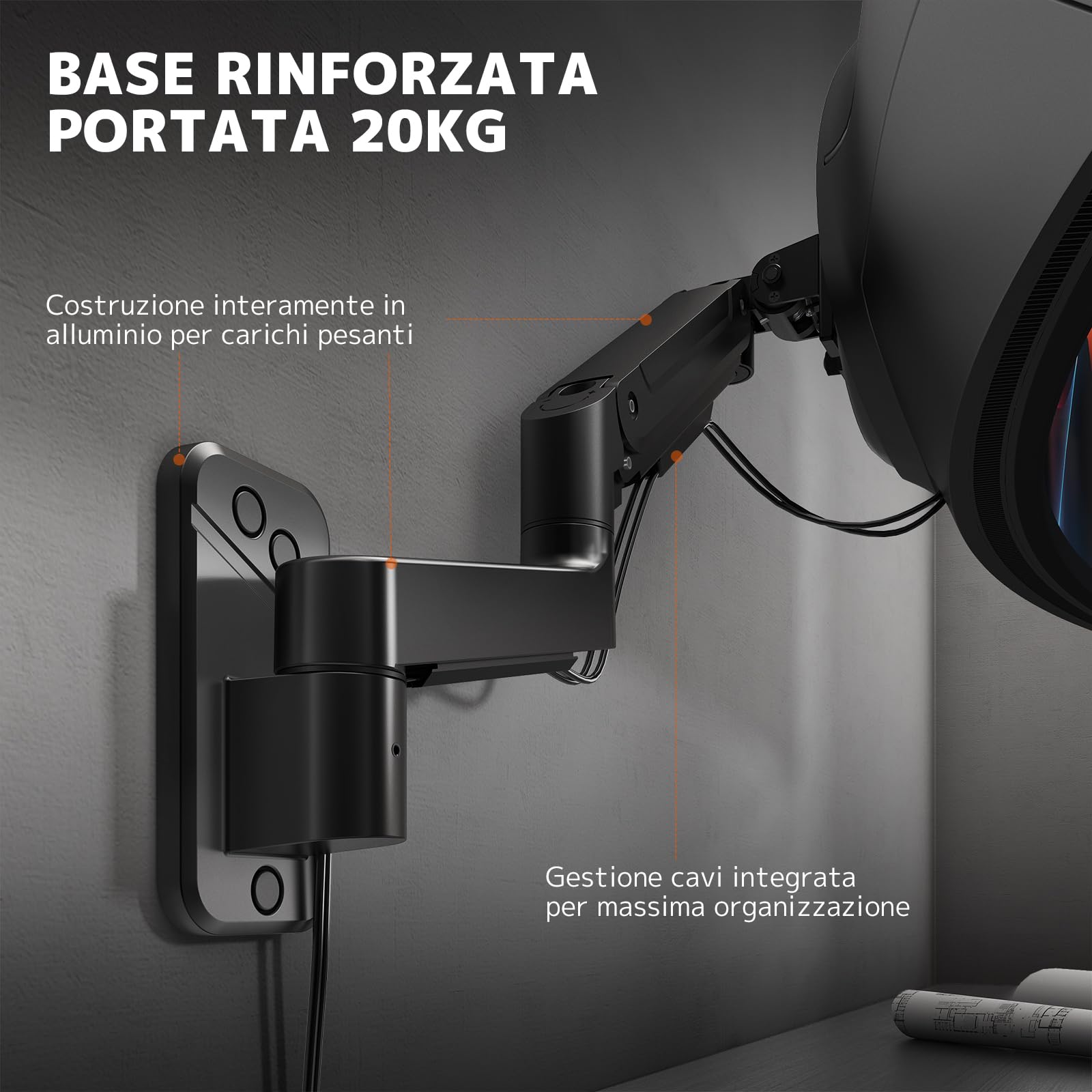 Supporto Monitor Muro per Monitor 17-49 Pollici, Braccio Monitor Muro Singolo con Molla a Gas Ergonomico Regolabile in Altezza, Rotazione e Inclinabile, Fino a 20kg, VESA 75/100 mm, Nero