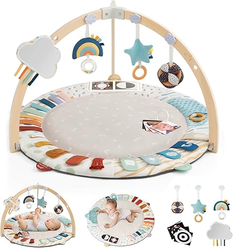 Gimnasio de juegos para bebés Blissful Diary, tapete de actividades con 5 zonas de desarrollo, tapete de madera para tiempo boca abajo con 5 juguetes sensoriales desmontables para habilidades motoras, desarrollo sensorial, artículos esenciales para baby shower.