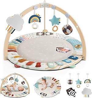Blissful Diary Baby Play Gym & Activity Mat, 5 Developmental Zones Wooden Tummy Time Mat with 5 Detachable Sensory Toys for Motor Skills & Sensory Development, Baby Essentials Shower Gift