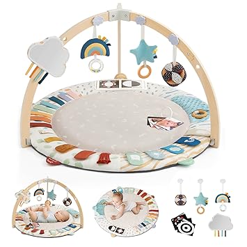 Blissful Diary Baby Play Gym & Activity Mat, 5 Developmental Zones Wooden Tummy Time Mat with 5 Detachable Sensory Toys for Motor Skills & Sensory Development, Baby Essentials Shower Gift