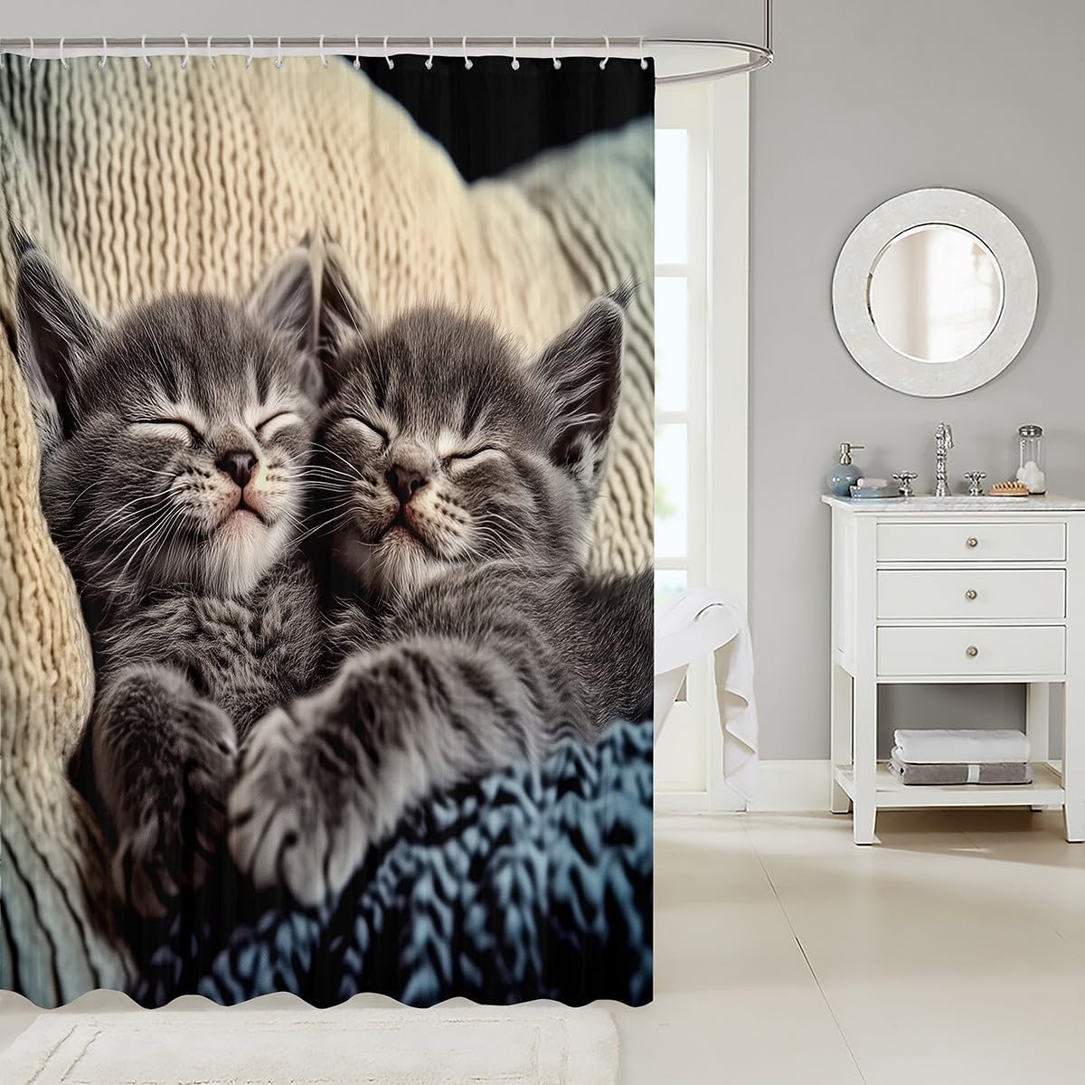 jejeloiu Kids Cute Cat Bath Curtain for Stalls Bathtubs 72"x72" Kitten Shower Curtain Cats Lover Boys Girls Teens Decor Pet Animal Bathroom Accessories Waterproof, with 12 Hooks Women Men 72"x72" image 2