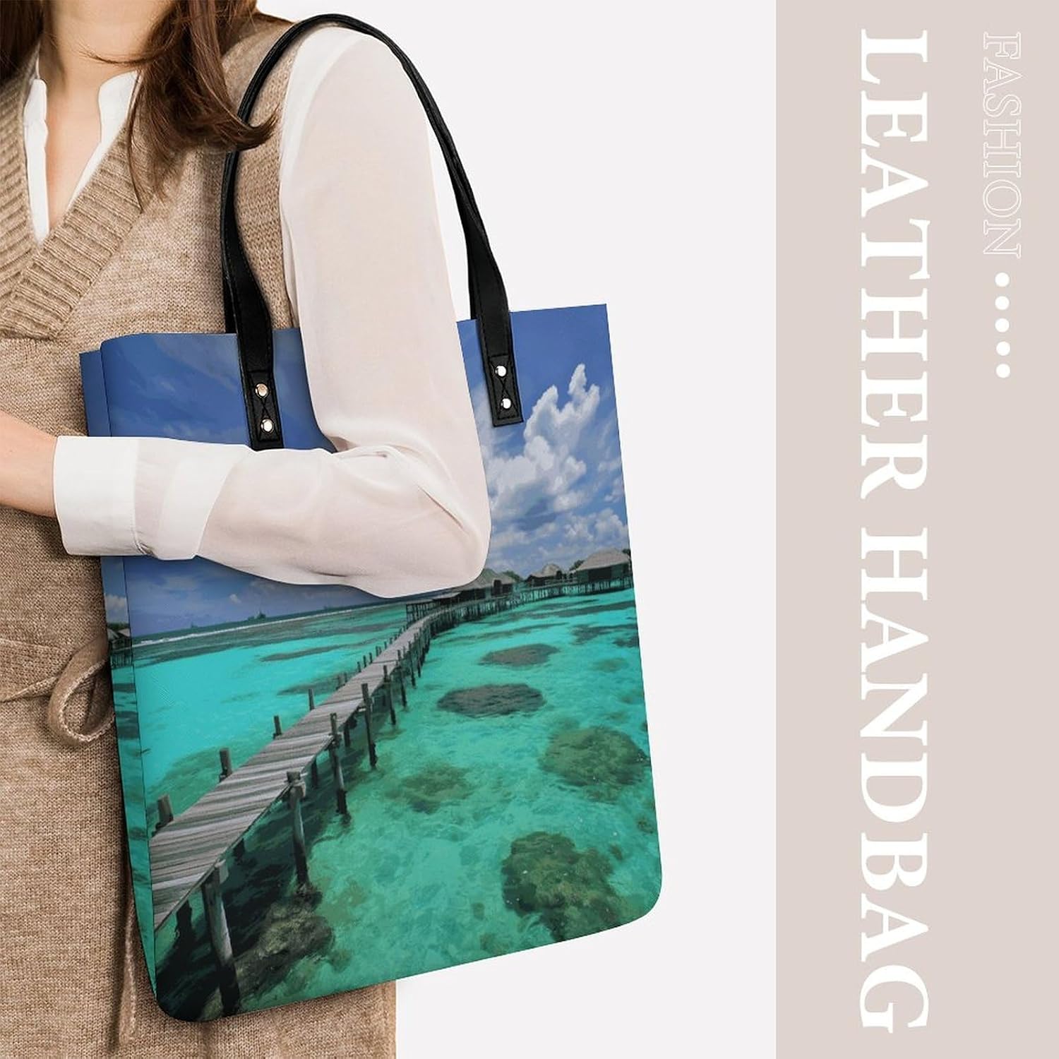 Maldives Scenery Tote Bag with Magnetic Buckle Reusable Grocery Bags Lightweight Cross Body Handbag for Daily Essentials