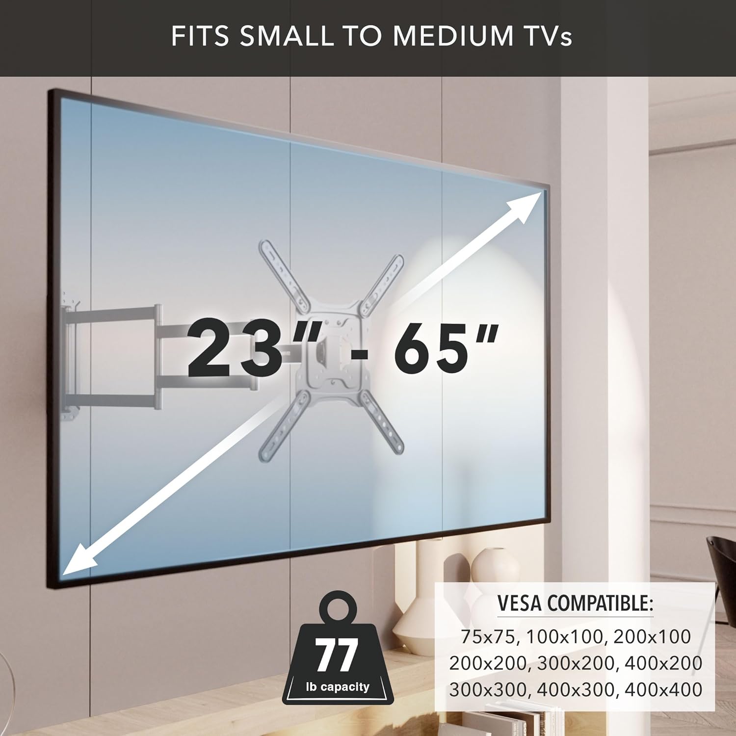 Mount-It! Long Arm Full Motion TV Wall Mount, 37.2-Inch Extra Long Extension, Triple-Segment Articulating Arm for 23–65 Inch TVs, Corner TV Mount, Swivel Tilt Level Adjust, Max VESA 400x400, 77 lbs