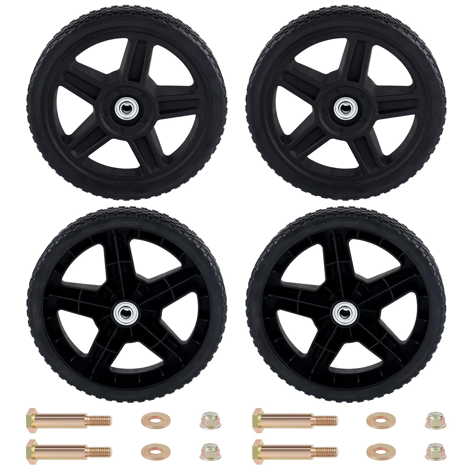 CheeMuii 4 ruedas para cortacésped de 10 pulgadas, paquete de 4 ruedas para cortacésped de empuje de 10 pulgadas con pernos y tuercas de bloqueo, se adaptan a la mayoría de