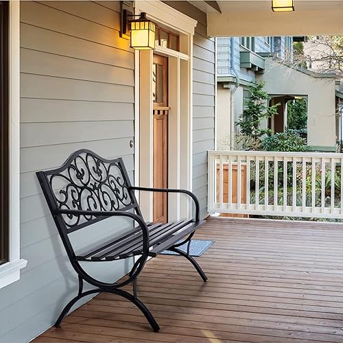 Miniatura 6 de PHI VILLA Banco de jardín de metal con marco de acero, silla de muebles de patio, banco de exteriores antioxidante con respaldo de patrón de