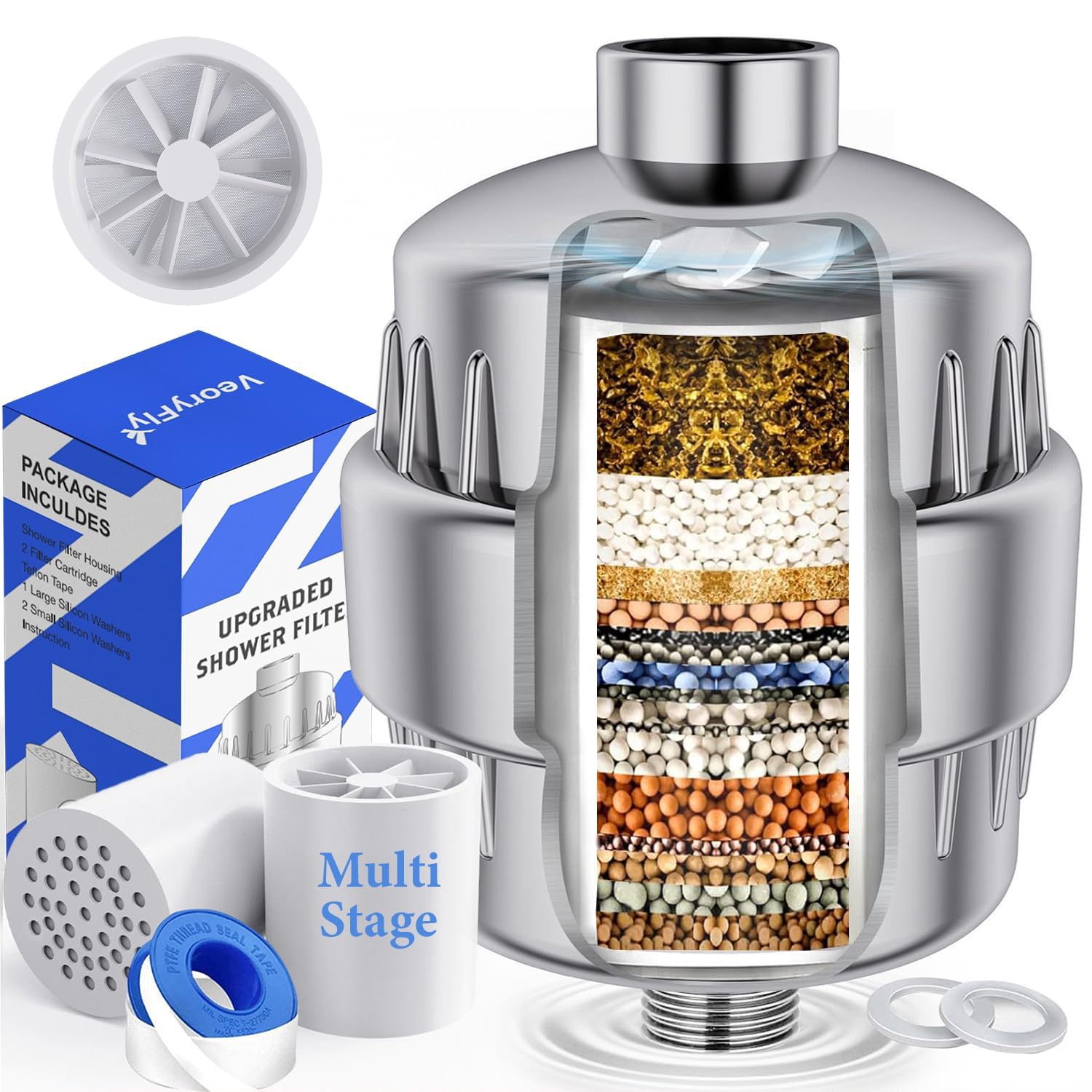 VeoryFly 36 Stage Upgraded Descaling Shower Filter with Vitamin C, High Output Showerhead Filter with 2 Replaceable Cartridges, Removes Chlorine, Heavy Metals, Protects Skin and Improves Water Quality