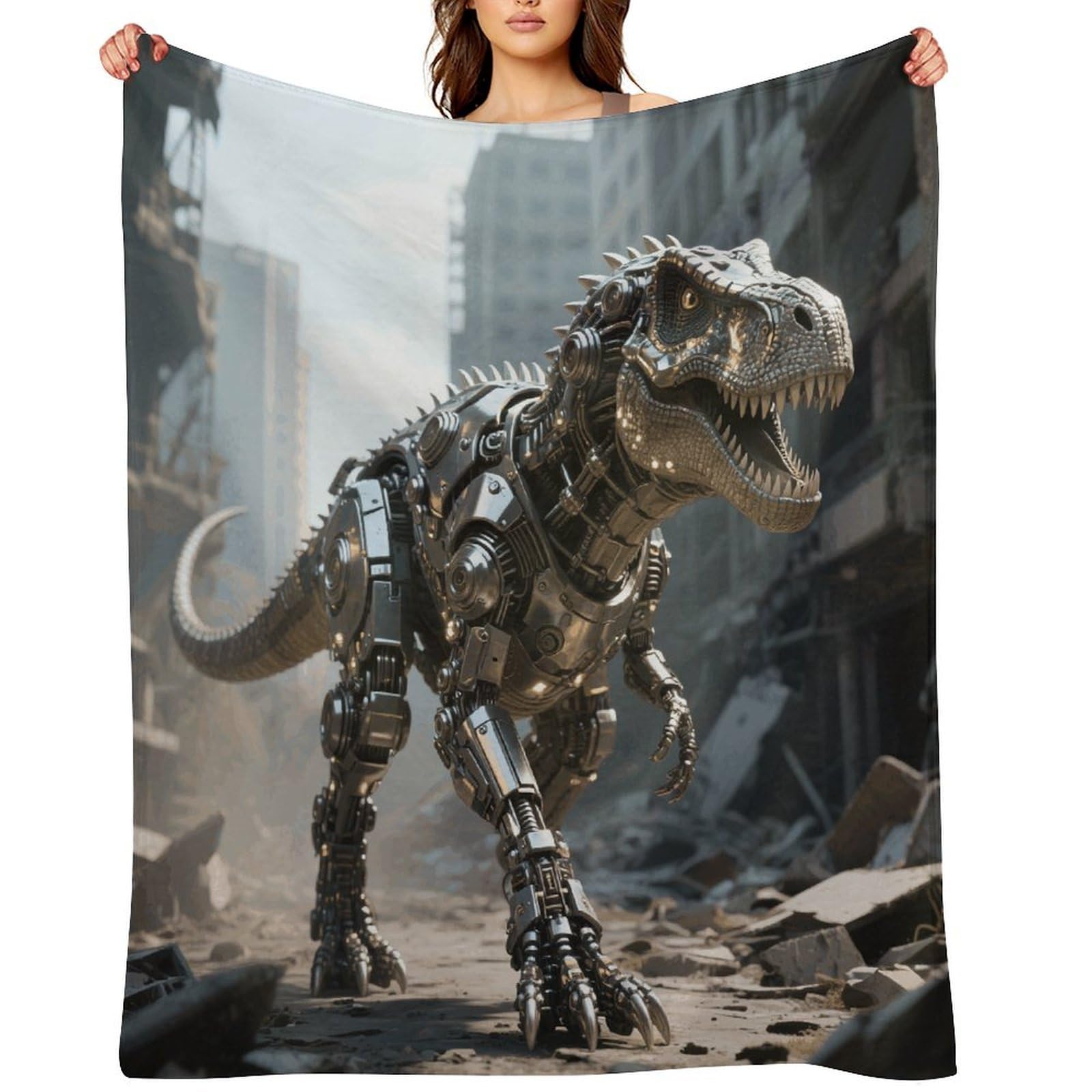 A Mechanical Dinosaur in A Ruined City Throw Blanket for Couch and Bed Super Soft Warm Lightweight Throw Blankets Cozy Fuzzy Flannel Blanket Personalized Decorative Blankets for Sofa Decor 60"x80"