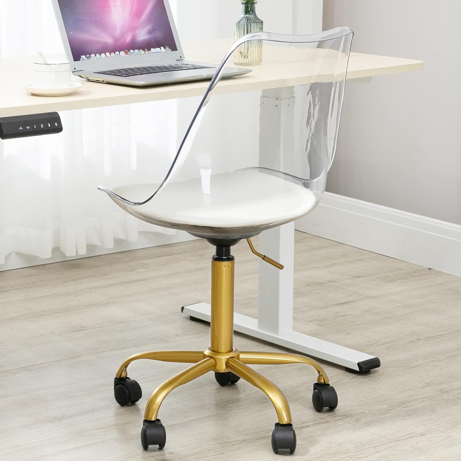 HOMEFUN Clear Desk Chair, Acrylic Rolling Armless Vanity Swivel Height Adjustable Ghost Molded Plastic Home Office Chairs with Wheels, Clear