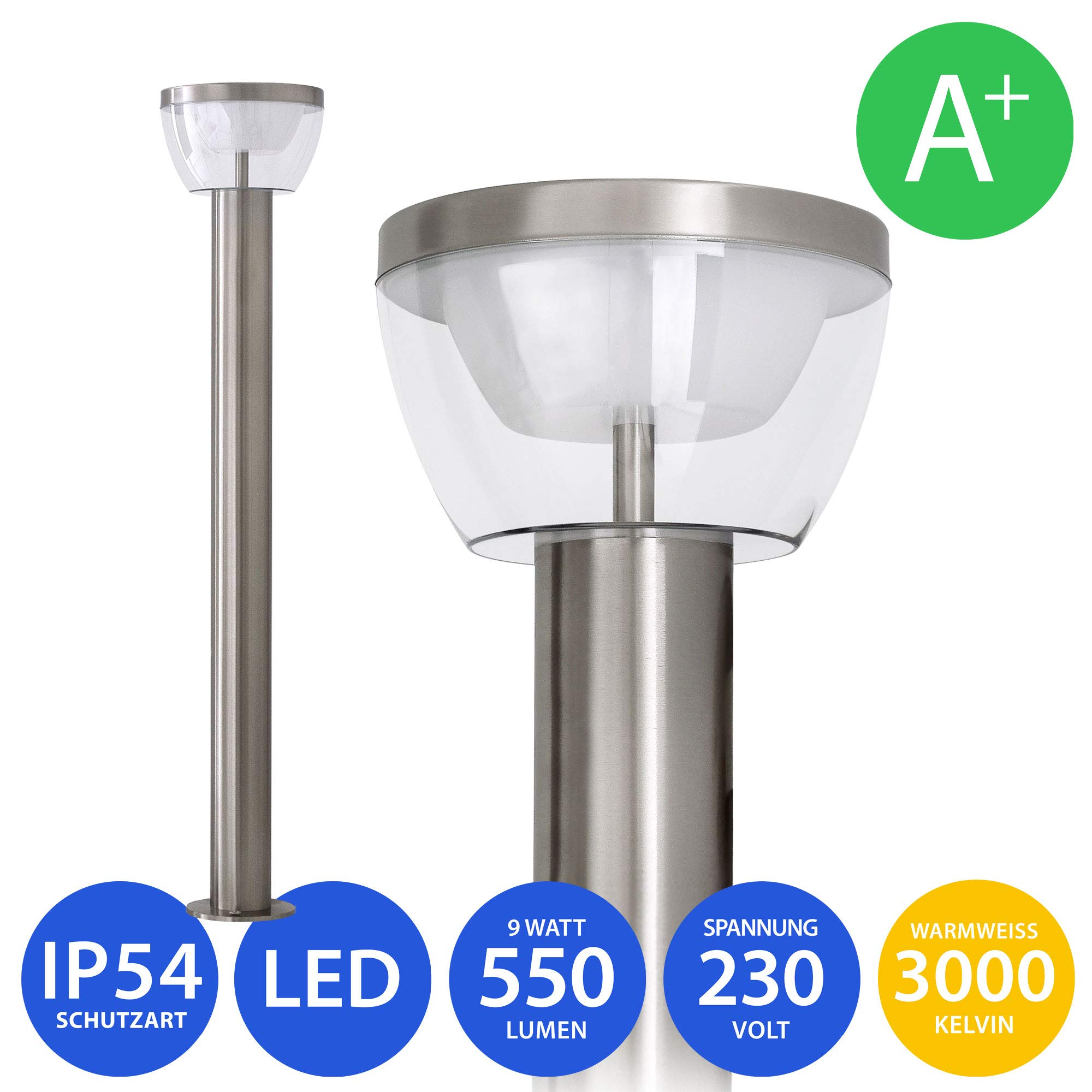 Maxkomfort LED Aussenleuchte Standleuchte Gartenleuchte Wegeleuchte Lampe 9W Edelstahl 80cm modern IP44 309A-800