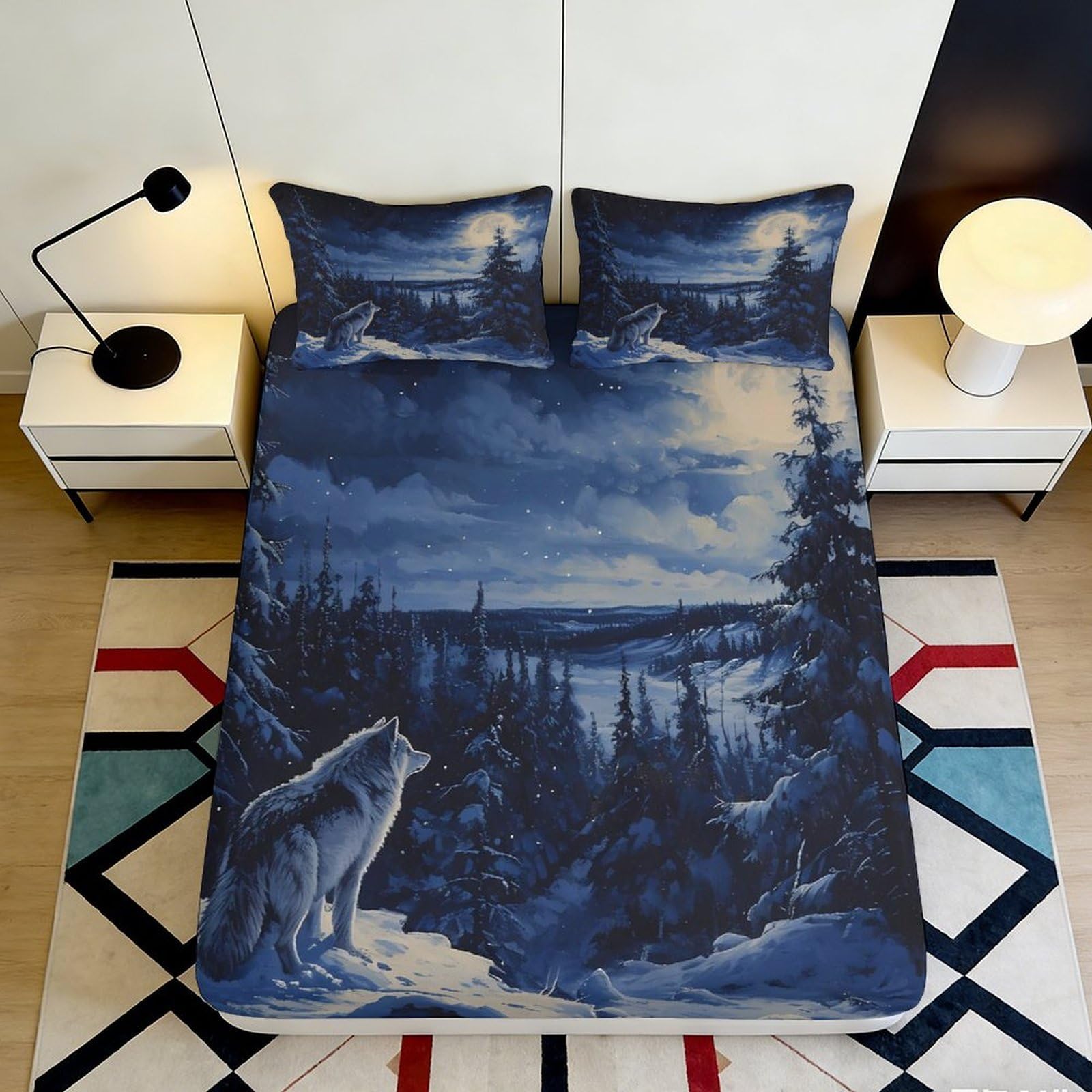 3D Printed Wolf Forest Fitted Sheet Microfiber Deep Pocket Non-Slip Bedroom Bedding Wolf Pattern Mattress Fitted Cover 90x200x25cm