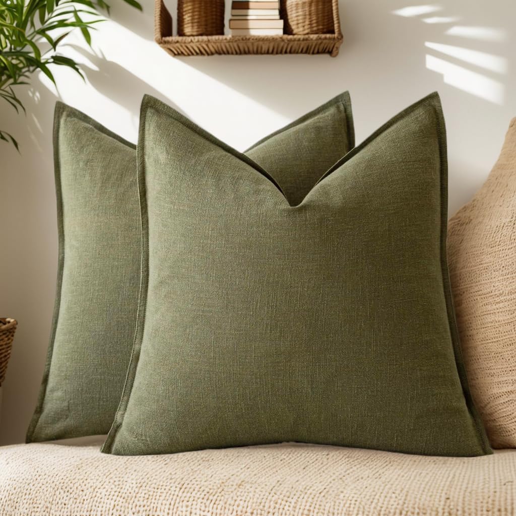 Linen Cushion Covers Boho Pillow Covers for Living Room,2 PCS 18x18 Inch Boho Decorative Throw Pillow Covers Premium Cotton Linen Fabric with Soft and Cozy Feel,Stylish Home Decor (GREEN)