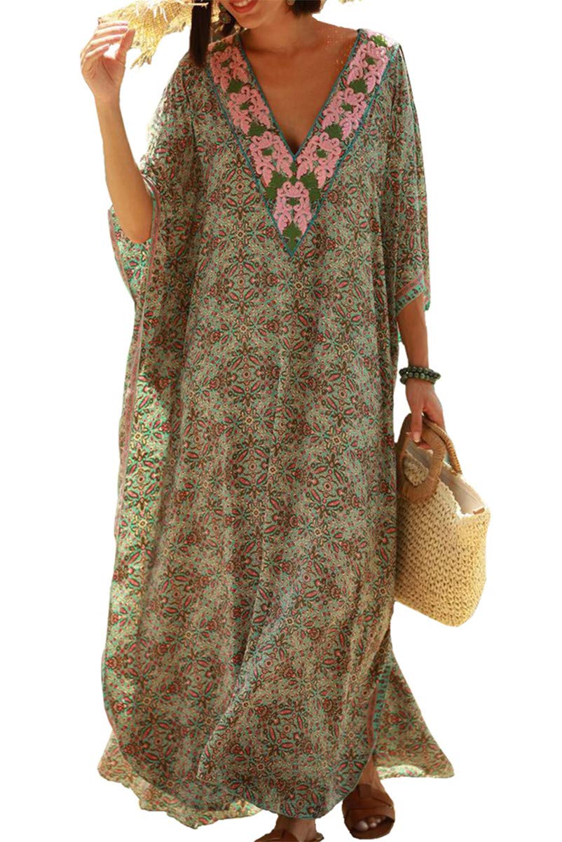LikeJump Femmes Bohémien Col en V Bohème Kimono Maxi Bikini Cover Ups Été Robe de Plage Caftan