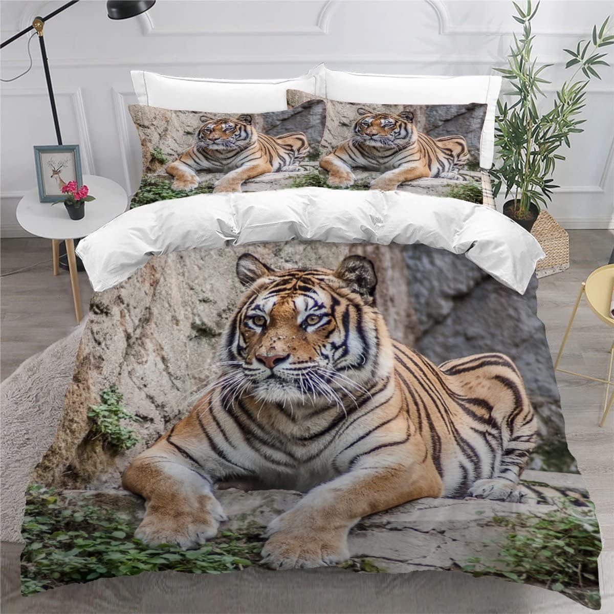 MEVASA Tiger Bedding Double Bed Set Microfiber Teenager Bedding Forest Tiger 3D Bedding Set for Small Double 3Pcs Anti Allergic Double Duvet Cover Set with Zipper /200x200