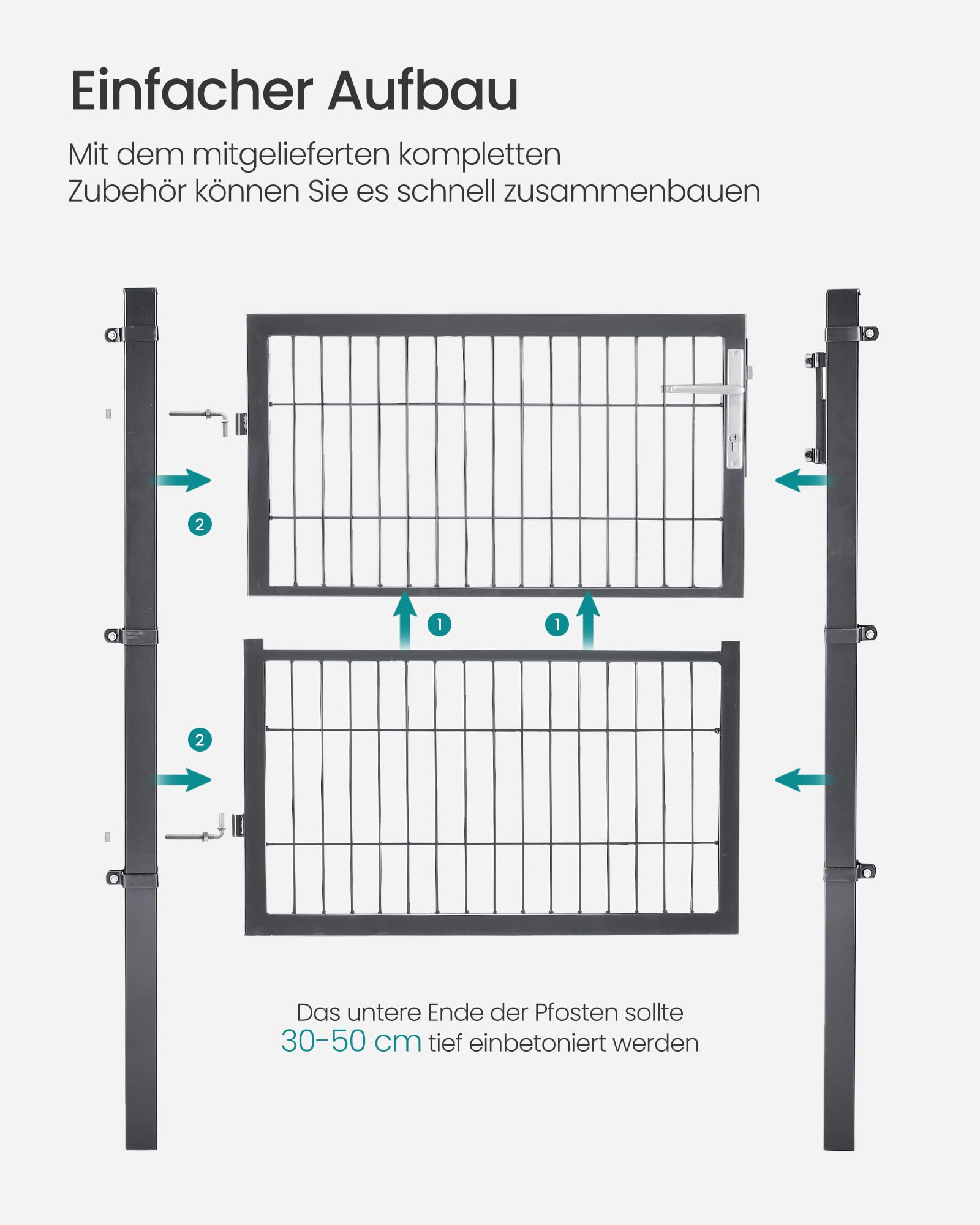 SONGMICS Gartentor, Gartentür, verzinkter Stahl, Zauntor, Hoftor, abschließbar, rechteckiges Rohr, Tür 106 x 100 cm (B x H), grau GGD210GZ01
