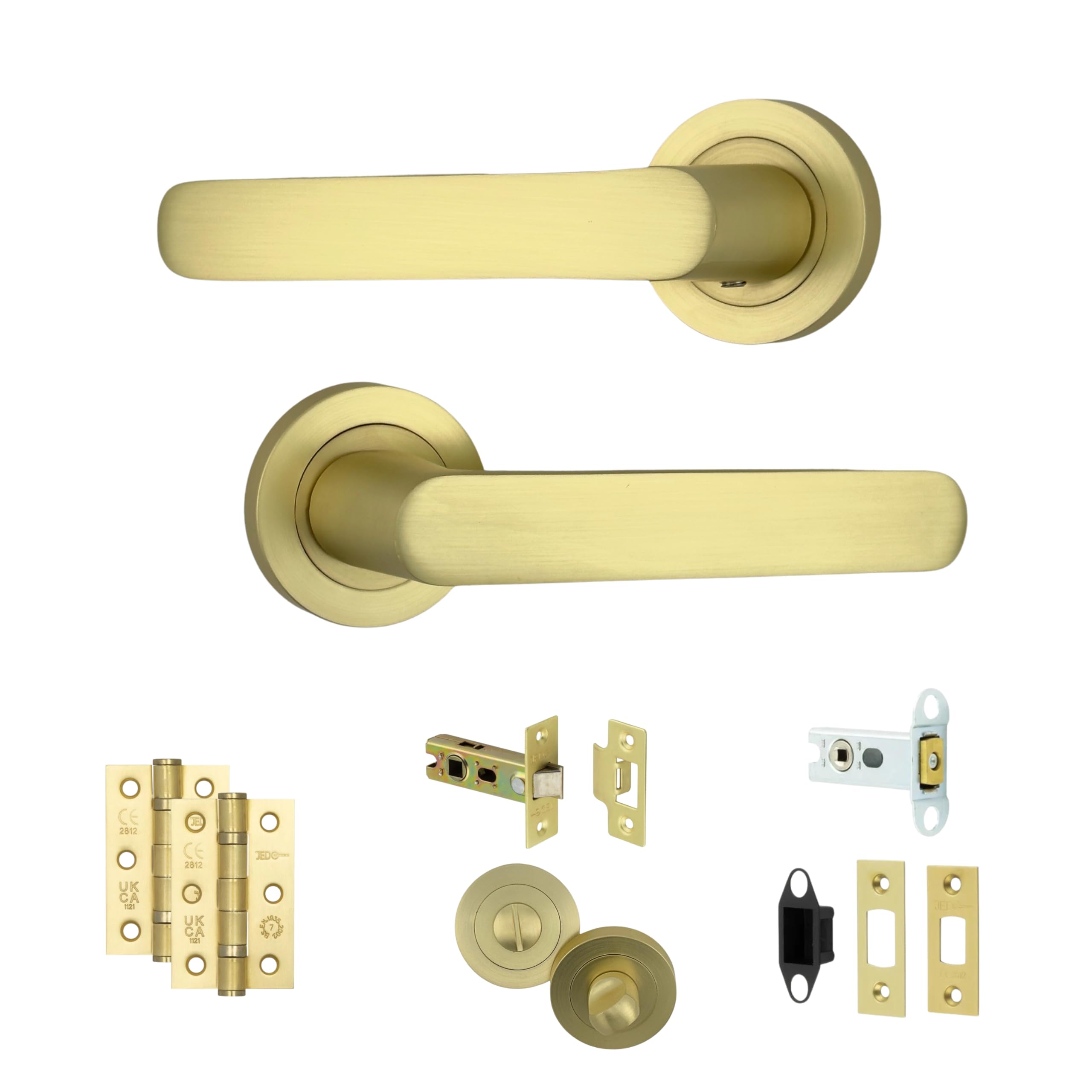 AXS Harlem Door Handle Pair on Rose – Internal Lever Handles with Sleek Bar Design – Latch & Bathroom Door Pack Options – Matt Black, Satin Brass, Antique Brass (Satin Brass, Bathroom Door Pack)