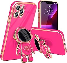 Compatible with iPhone 13 Pro Case Cute, 3D Astronaut Stand Shockproof Camera Protection Space Kickstand Soft Plating Cover for Apple iPhone 13 Pro Phone Case, Hot Pink